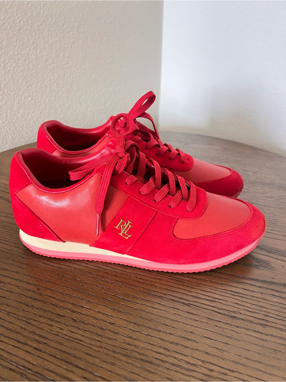Ralph Lauren Red Suede & Leather Women's Sneakers with Gold RL Logo